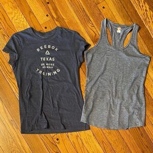 Reebok texas‎ training tee and Lucy blue and grey striped tunic tank top